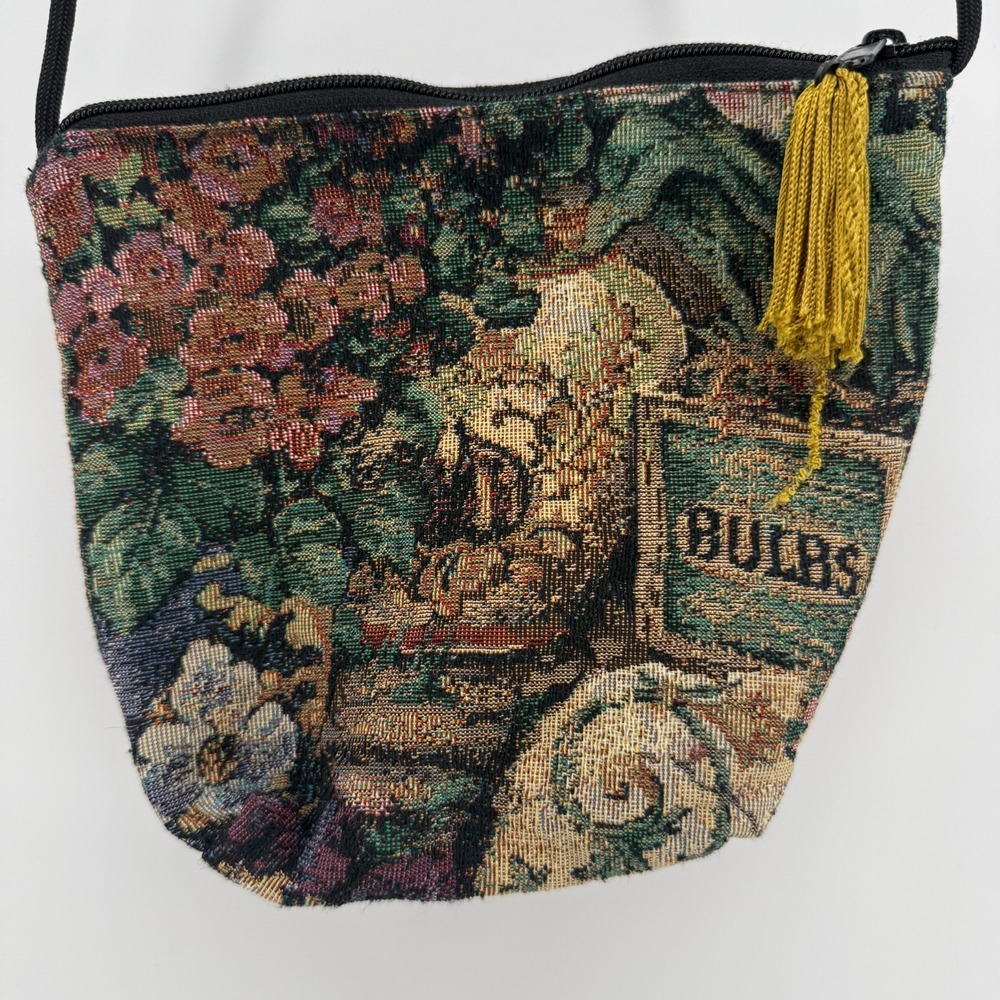 Small Vintage Tapestry Purse Floral Design with Shoulder Strap yellow tassel